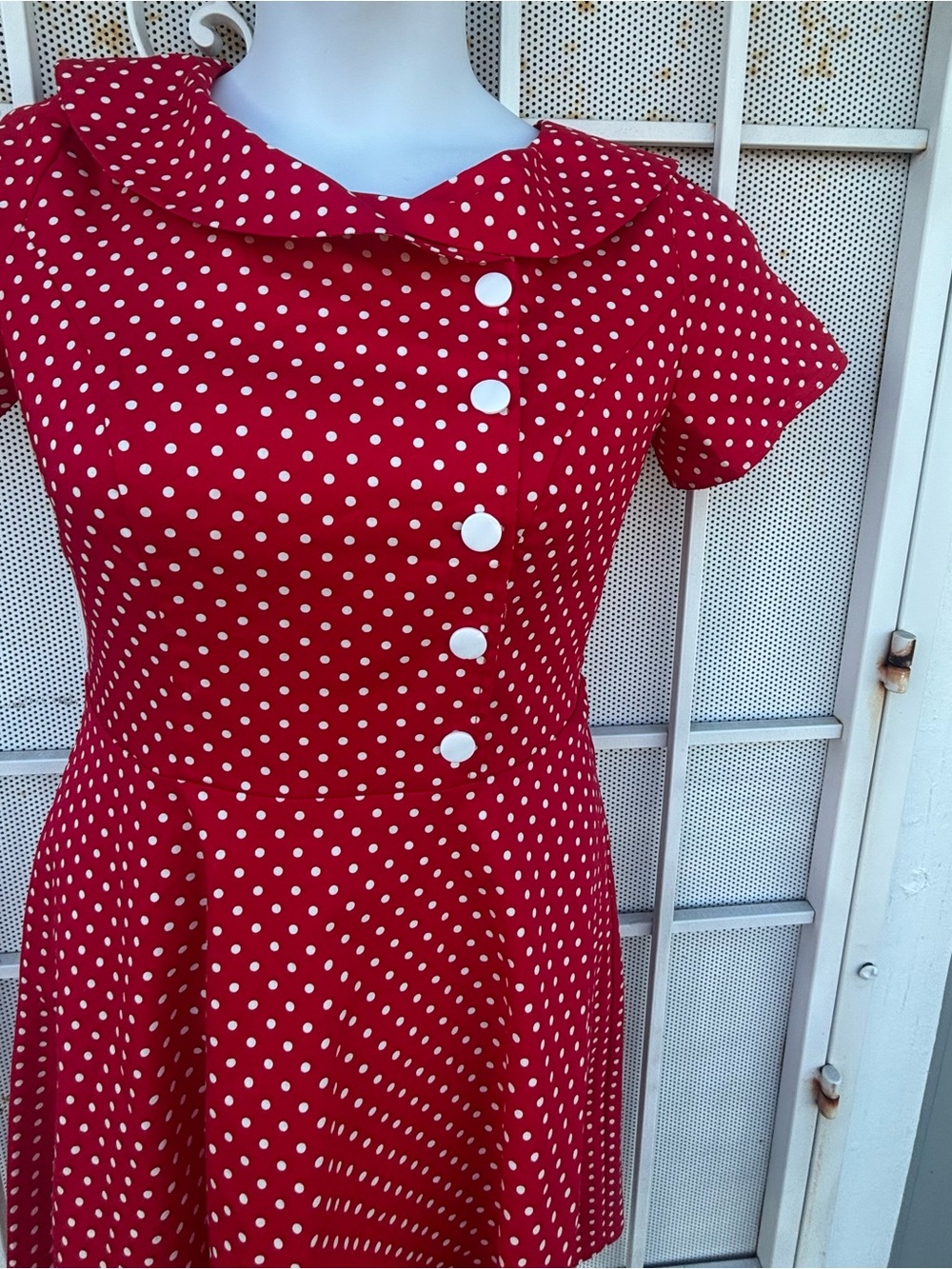 Vintage-Inspired Red Polka Dot Dress M with Peter Collar S/S fit & flare - Picture 3 of 7